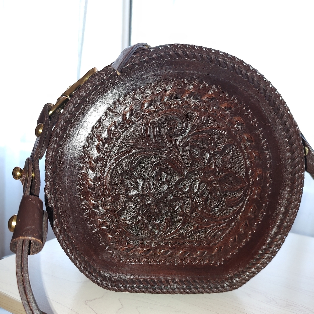 Vintage Mary Alice Palmer Hand Tooled Leather Hatbox Bag